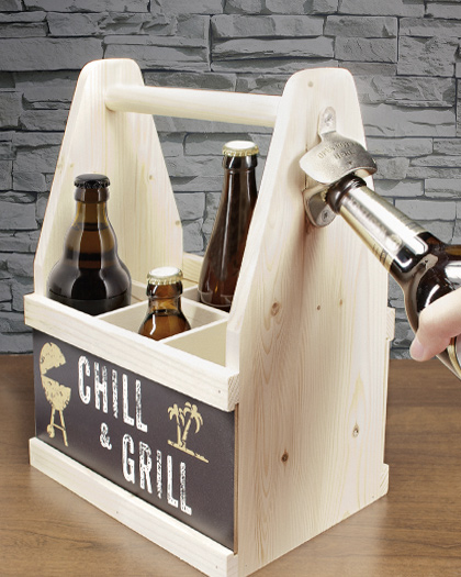 Contento Beer Caddy aus europäischem Holz mit Motivdruck